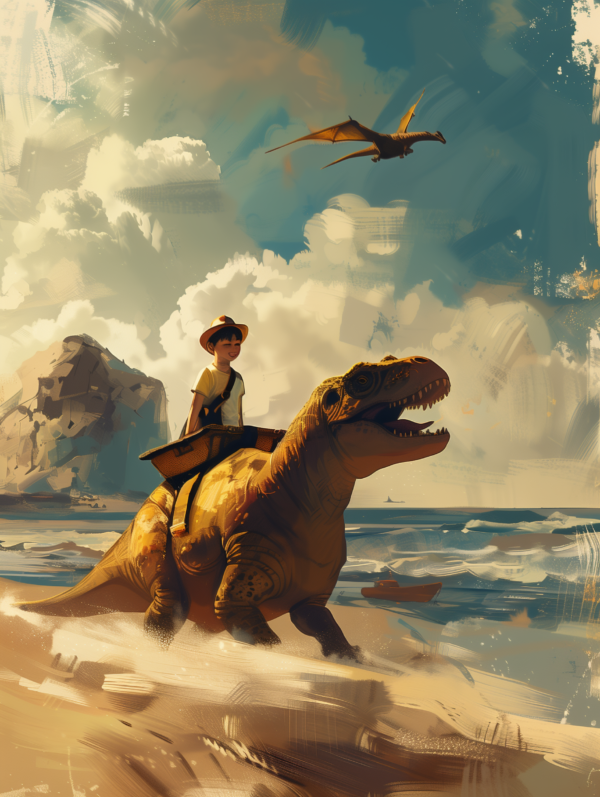 Boy Riding a Dinosaur on the Beach 8x8 art print