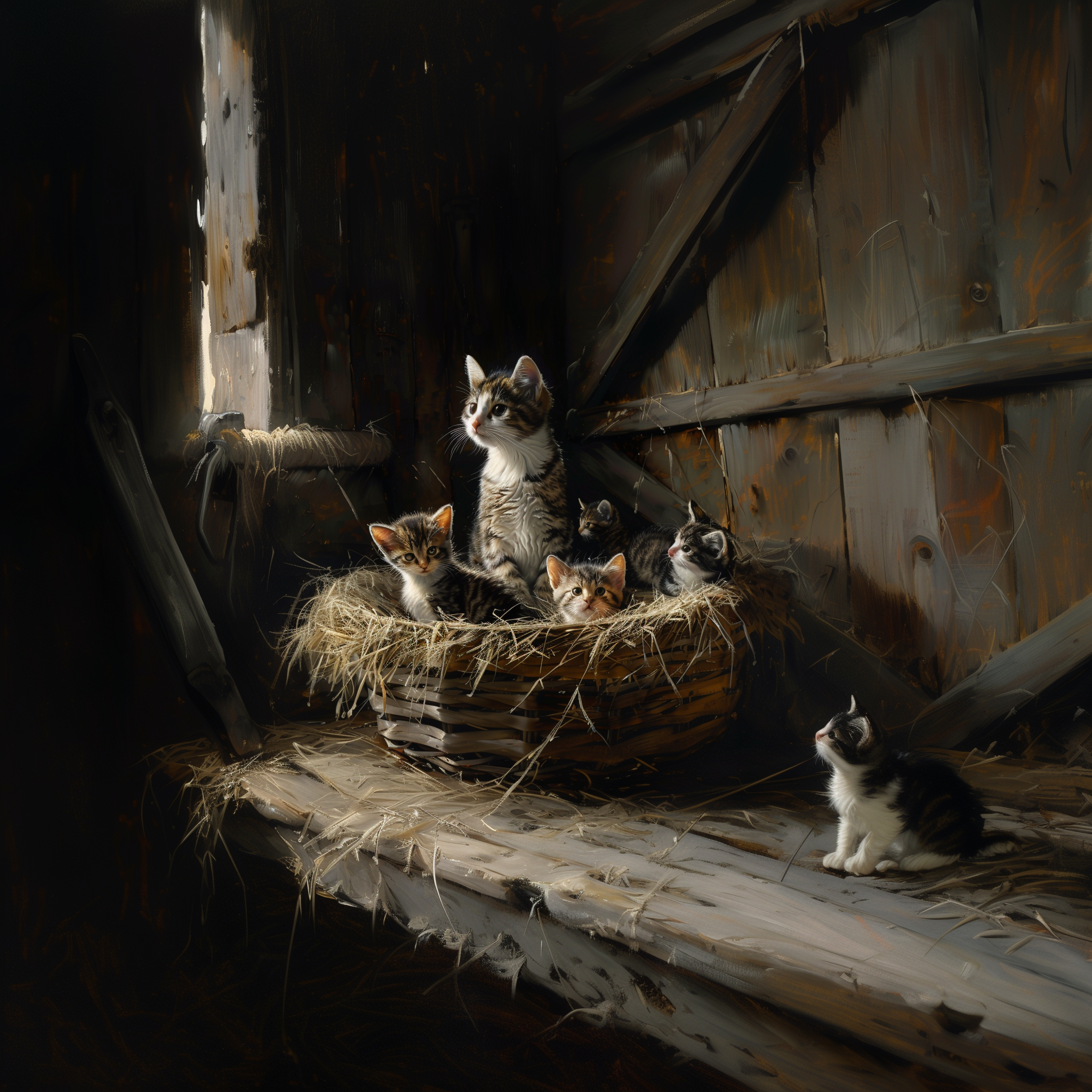 Mother Cat and Kittens 8"x8" Art Print