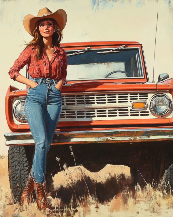 Cowgirl with Her Bronco Wall Art Print - Ford Bronco - Western Decor Wall Art Print