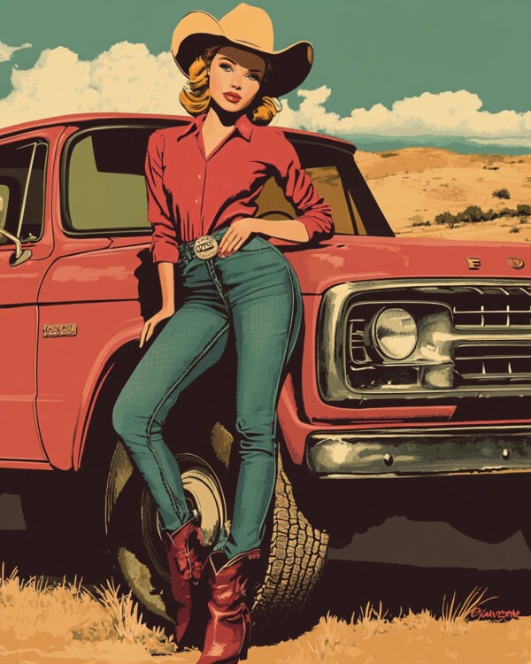 Cowgirl with Her Pick-Me-Up Truck Wall Art Print - Western Decor Wall Art Print