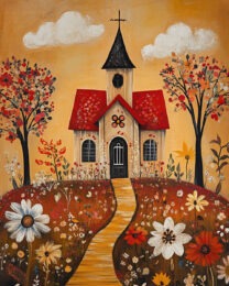 Folk Art Church and Flowers