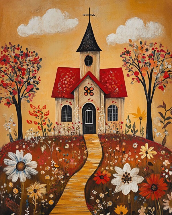 Folk Art Church and Flowers