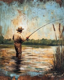 Folk Art Morning Fly Fishing - Rustic Farmhouse Decor