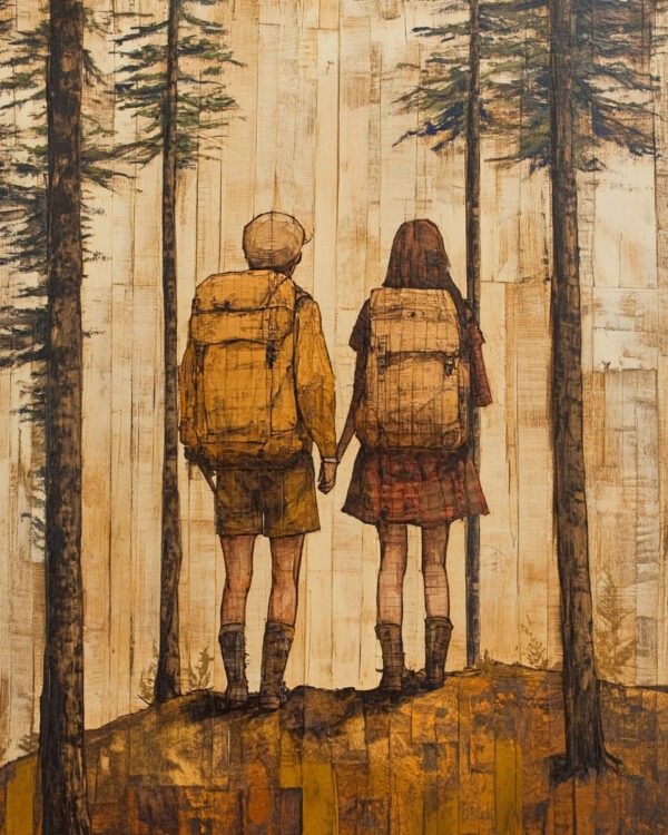 Folk Art Loving Couple Hiking - Rustic Farmhouse Decor