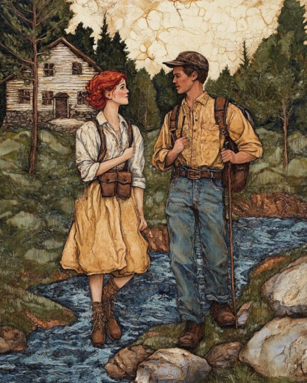 Folk Art Young Couple Hiking