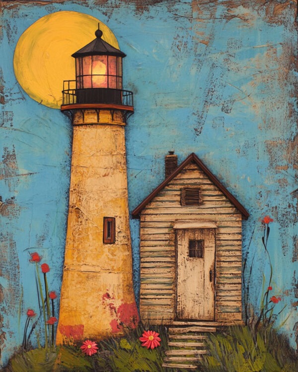 Folk Art Full Moon Lighthouse - Rustic Farmhouse Decor