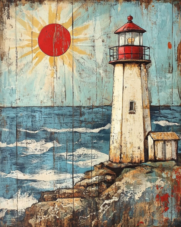 Folk Art Lighthouse on Sunny Day - Rustic Farmhouse Decor