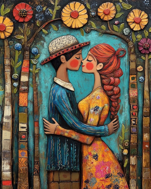 Folk Art First Kiss - Rustic Farmhouse Decor