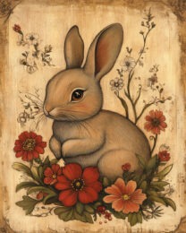 Folk Art Floral Baby Bunny - Rustic Farmhouse Decor