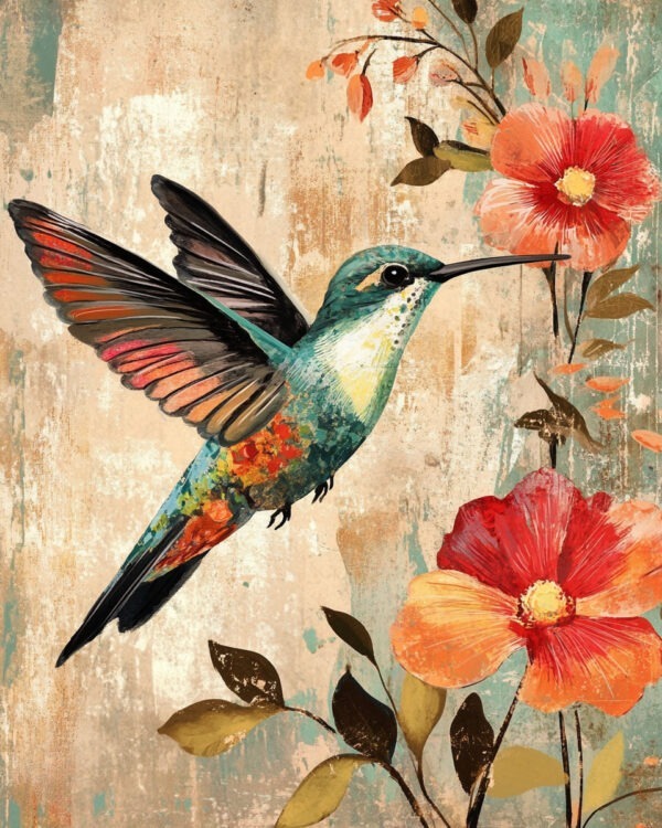 Folk Art Floral Hummingbird - Rustic Farmhouse Decor