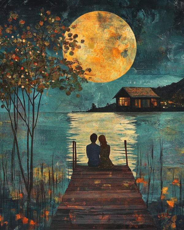 Folk Art Relaxing on The Dock at Night - Rustic Farmhouse Decor