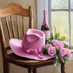 Pink Cowgirl Hat, Roses and Champagne Still Life 8"x8" Art Print copy