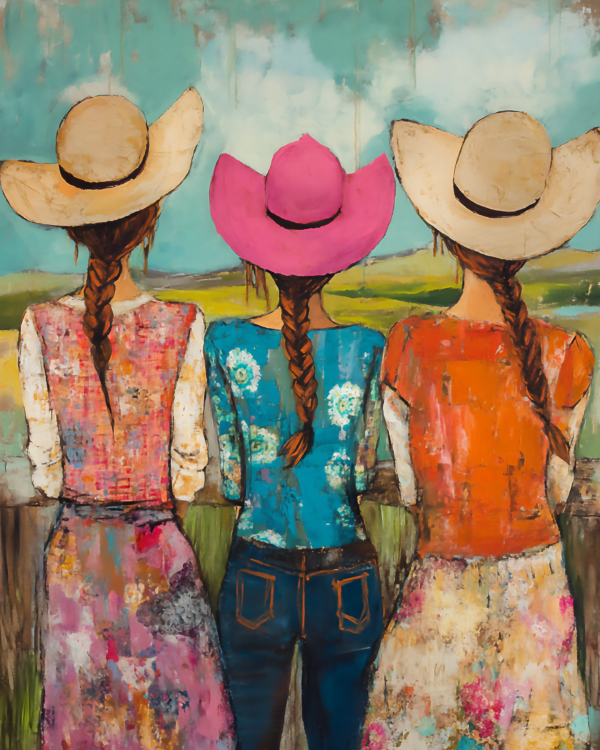 Folk Art Three Cowgirls - Wall Art Print - Mowbi Cowgirl Collection