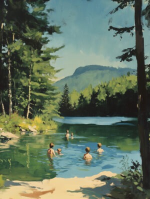 Retro Swimming Scene at Adirondack Lake 8_x10_ Art Print