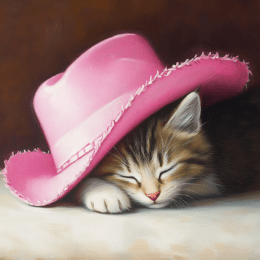 Sleeping Kitten Under Pink Cowgirl Hat 8"x10" Art Print for 12"x12" Frame