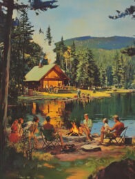 Vintage Friends Gathered Around Campfire at Adirondack Lodge