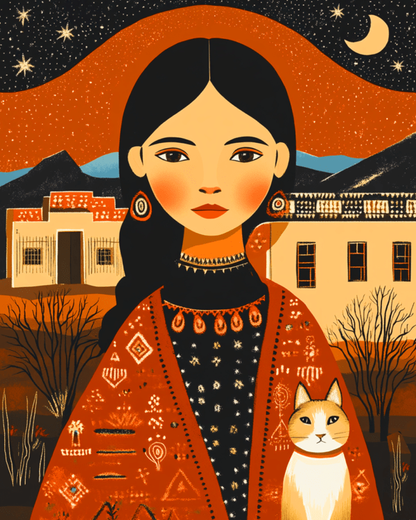 Folk Art - A Girl with Her Cat - Western and Southwestern Home Decor Wall Art Prints