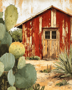 Texas Red Barn Door and Prickly Pear Cactus - Western and Southwestern Home Decor Wall Art Prints