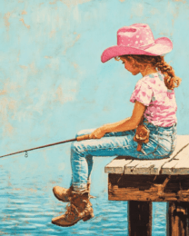 Young Cowgirl in Pink Hat Fishing - Western and Southwestern Home Decor Wall Art Prints