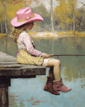 Little Cowgirl in Pink Hat Fishing - Western and Southwestern Home Decor Wall Art Prints