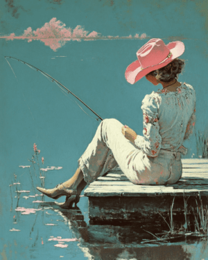 Cowgirl in Pink Hat Fishing - Western and Southwestern Home Decor Wall Art Prints