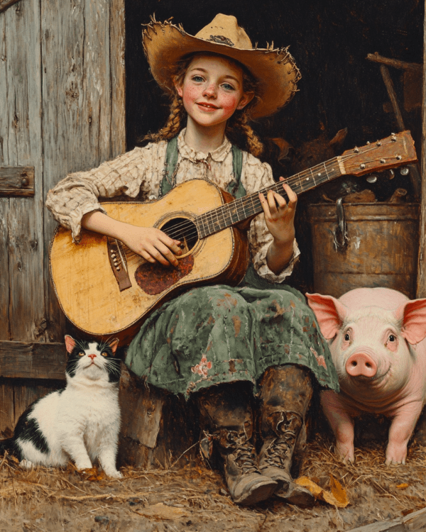 Young Girl Serenading Her Pet Cat and Pig - Western and Southwestern Home Decor Wall Art Prints