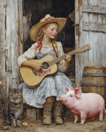 Young Cowgirl Serenading Her Pet Cat and Pig - Western and Southwestern Home Decor Wall Art Prints