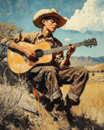 Vintage Style Young Cowboy Playing Guitar on the Range - Western and Southwestern Home Decor Wall Art Prints