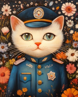 Folk Art Cat Cop - Cat and Kitten Wall Art Prints