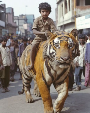 Boy Riding Giant Tiger - Witch and Witches Wall Art Prints