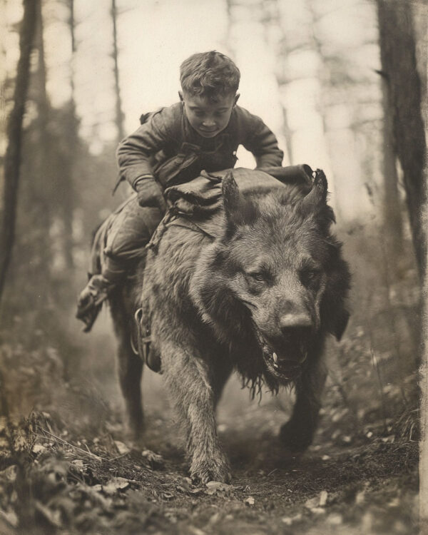 Boy Riding Wolf - Cryptozoology Wall Art Prints