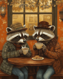 Pair of Raccoons Having Coffee