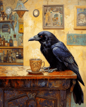 Raven Enjoying a Cup of Joe