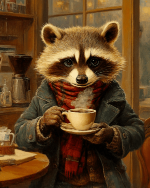 Raccoon Enjoying a Cup of Joe