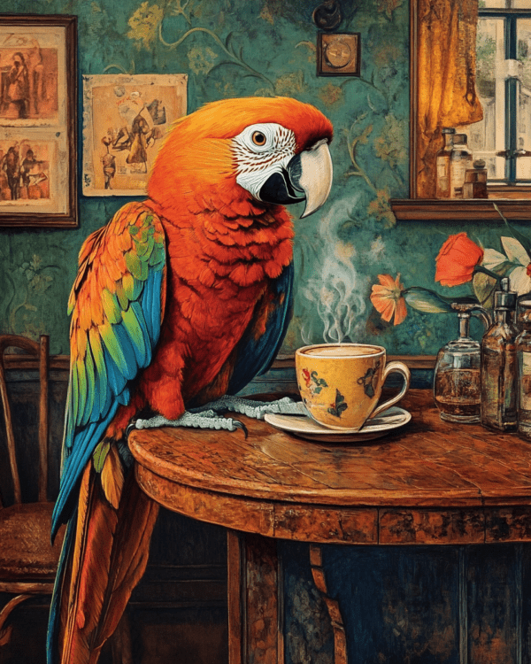 Parrot Enjoying a Cup of Joe