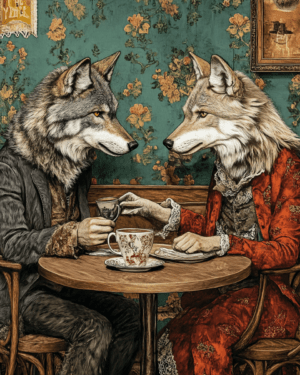 Two Wolves Enjoying a Cup of Joe