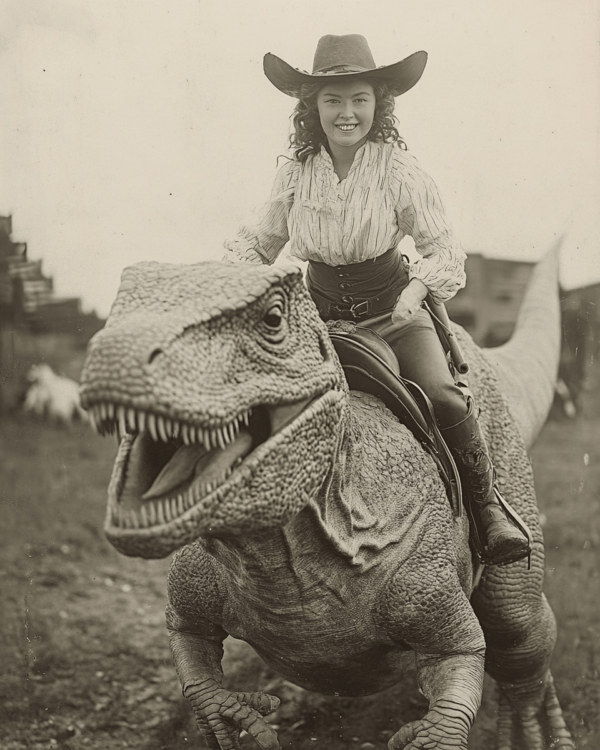 Cowgirl on Her Mount - Cryptozoology Dinosaur Wall Art Prints