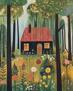 Folk Art Style Cabin - Great North Woods Art