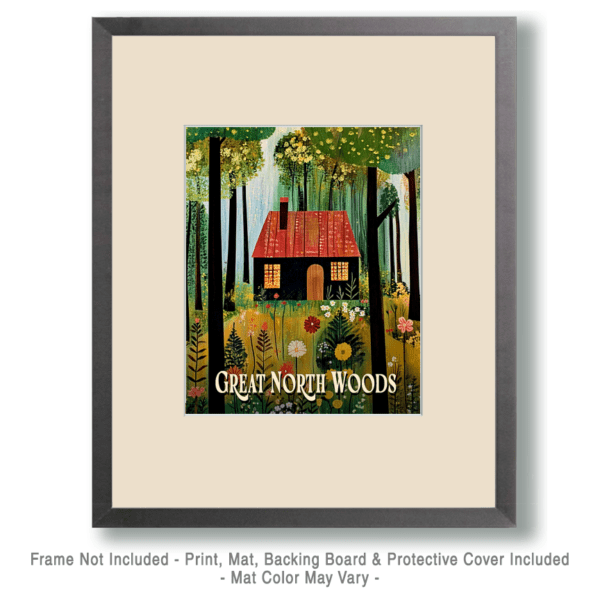 Folk Art Style Cabin ND - Great North Woods Art Print