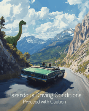 Jurassic Hazardous Driving - Dinosaur Wall Art Prints