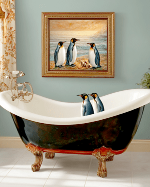 Penguin Artwork Above Penguins in Bathtub