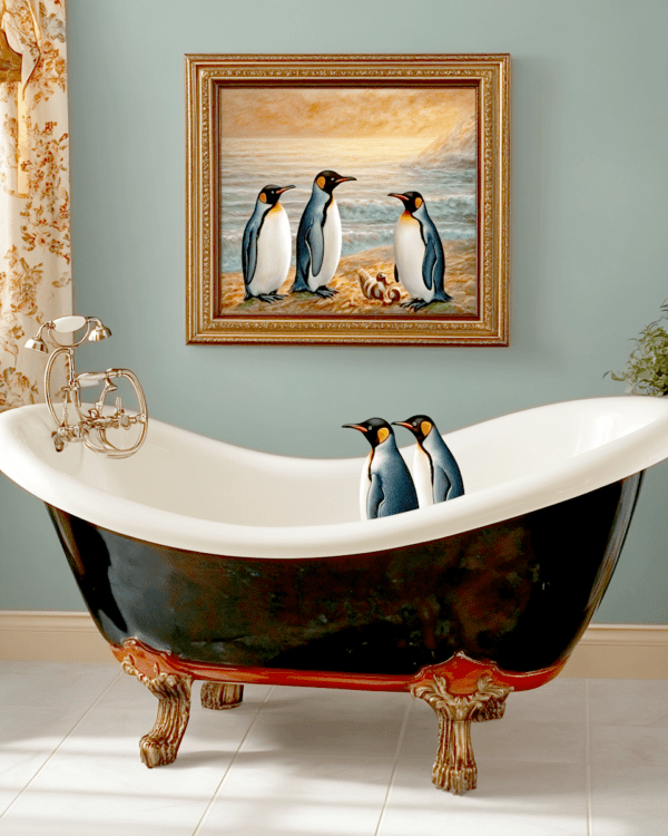 Penguin Artwork Above Penguins in Bathtub