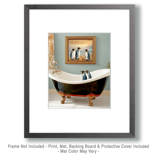 Penguin Art Above Penguins in Bathtub