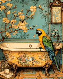 Japandi Parrot in Bathtub