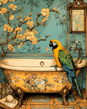 Japandi Parrot in Bathtub