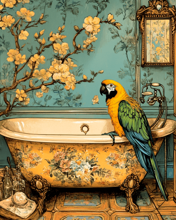 Japandi Parrot in Bathtub