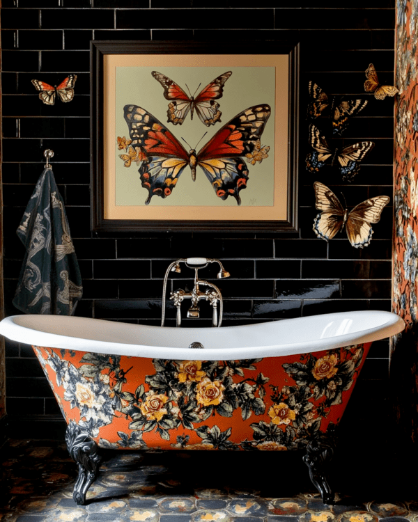 Butterfly Artwork Above Bathtub