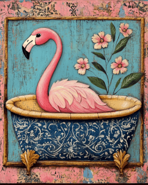 Folk Art Pink Flamingo in a Bathtub