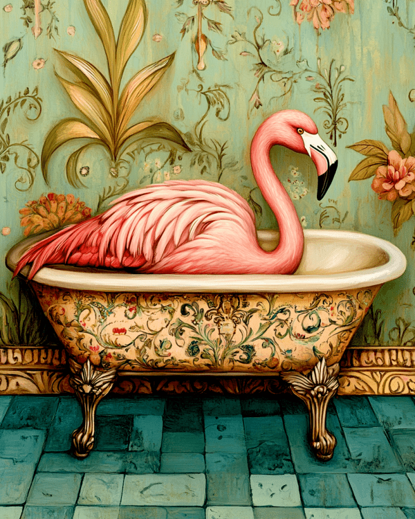 Pink Flamingo in Victorian Bathtub