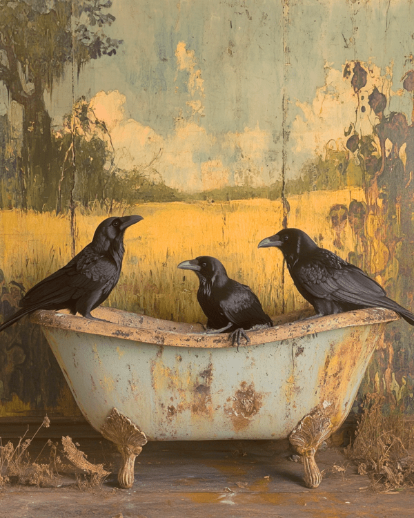 Folk Art Ravens in Bathtub